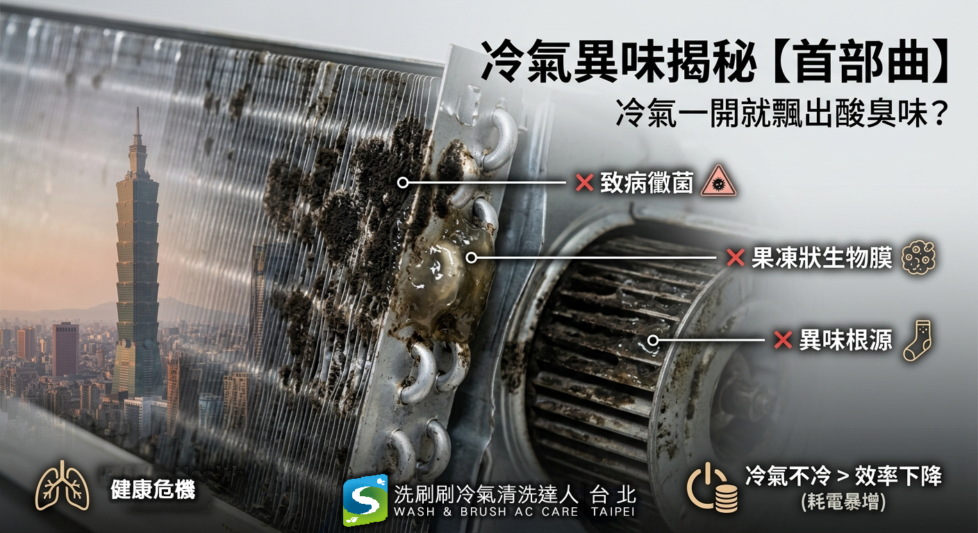 冷氣內部蒸發器鋁鰭片與風鼓積滿果凍狀生物膜黑黴菌，台北101大樓背景，洗刷刷冷氣清洗達人