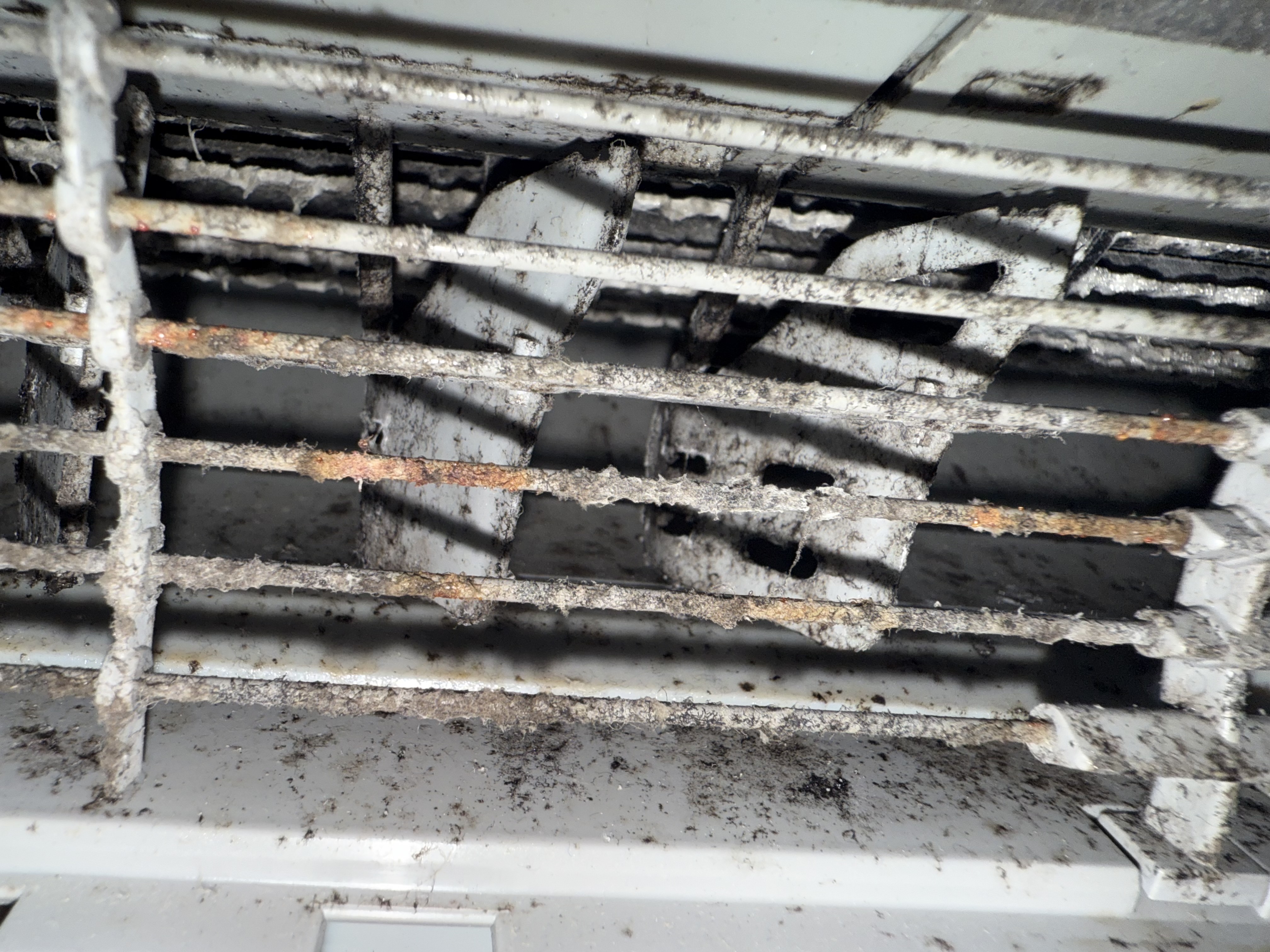 冷氣風道清洗前：黑色黴菌孢子密佈出風口，每次開機都在向室內噴灑致病氣溶膠